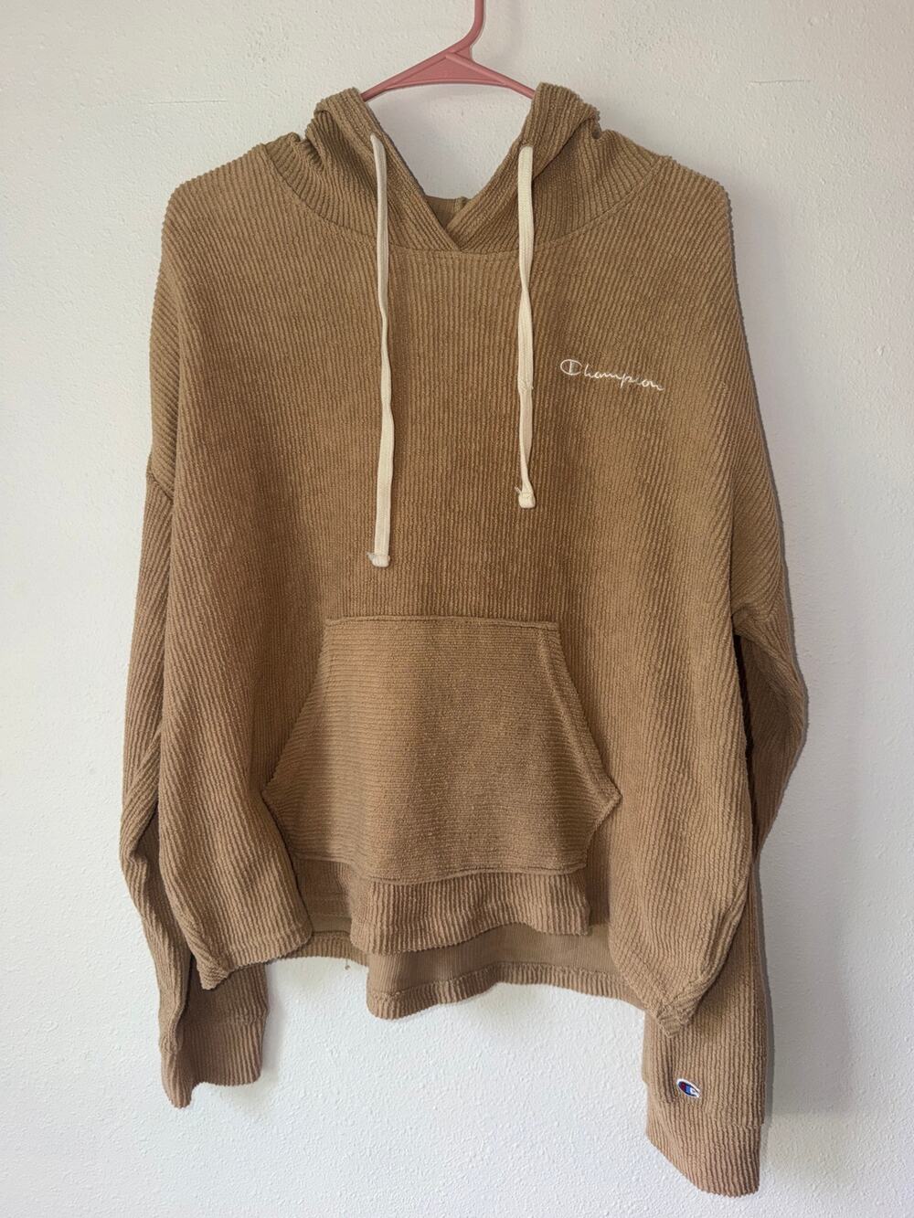 Champion Tan Brown Ribbed Knit Cropped Hoodie Womens Large Active Clean Girl